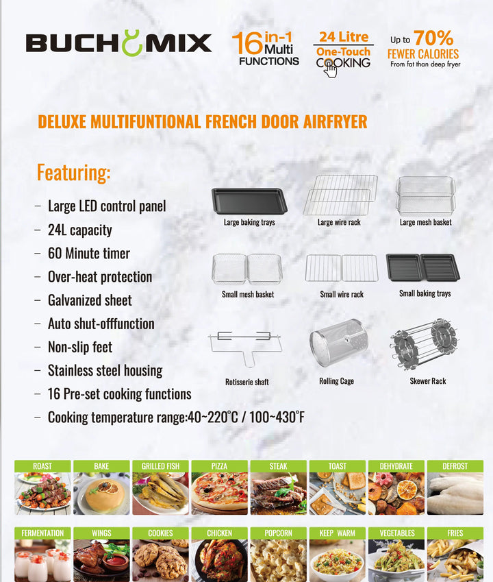 Dual Compartment 24L French Door Air Fryer Oven - Buchymix UK